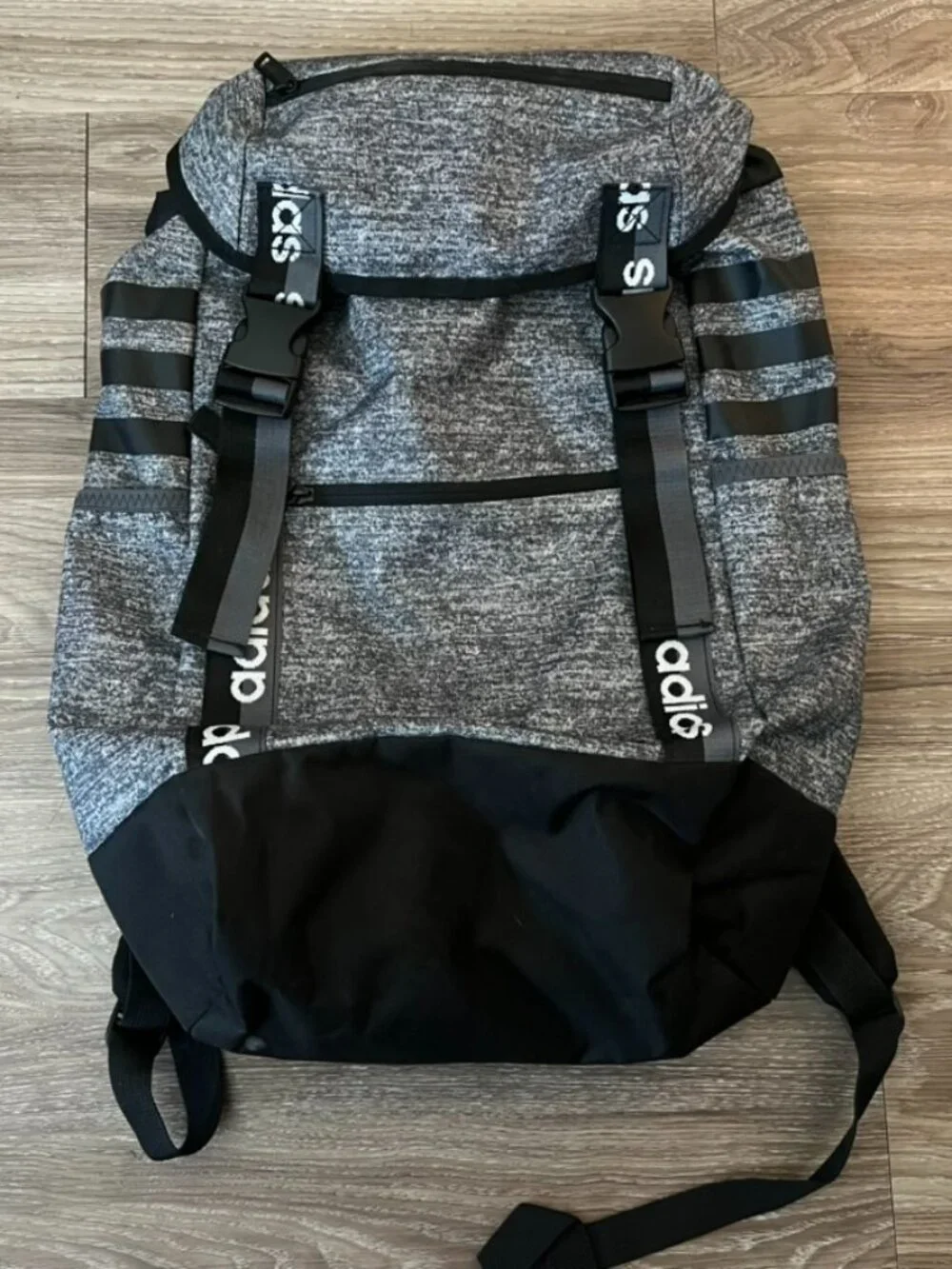 ADIDAS Heather Grey Black 3-Stripe Cinch Top Loader Backpack Rucksack